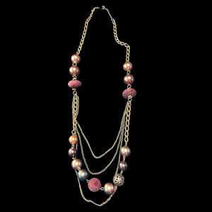 Layered Gold Tone Chain Necklace with Bronze and Plum Beads